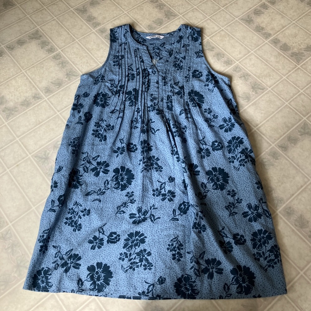 Sonoma Blue Floral Linen Blend Sleeveless Pintuck Shift Dress Large Loose Casual
